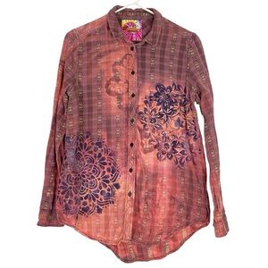 Handmade Floral Flannel Shirt Womens Size Small Bleached Plaid Button Down Pink